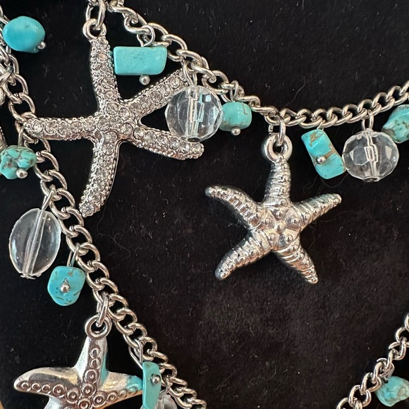 Vtg Faux Turquoise Necklace Beaded Gold Starfish Seashell Chunky Statement 21" - Picture 2 of 4